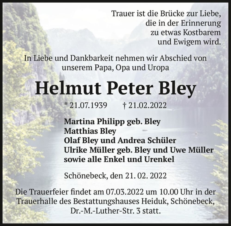  Traueranzeige für Helmut Peter Bley  vom 26.02.2022 aus Magdeburger Volksstimme
