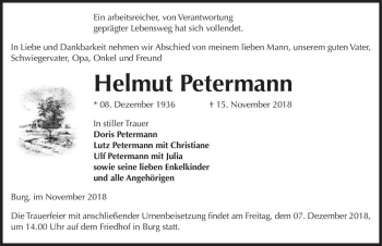 Traueranzeige von Helmut Petermann  von Magdeburger Volksstimme