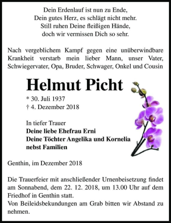Traueranzeige von Helmut Picht  von Magdeburger Volksstimme