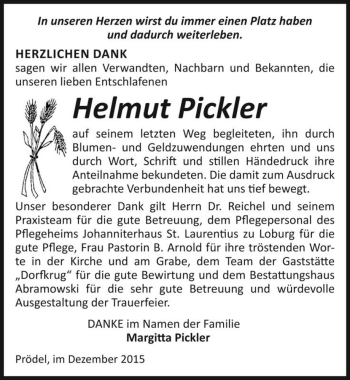 Traueranzeige von Helmut Pickler  von Magdeburger Volksstimme