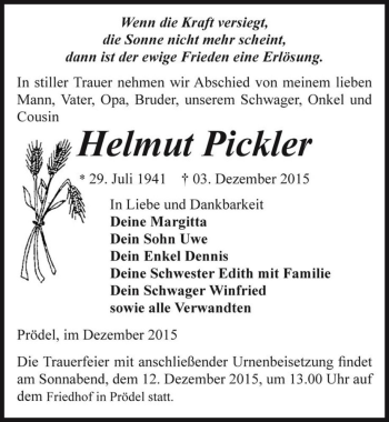 Traueranzeige von Helmut Pickler  von Magdeburger Volksstimme