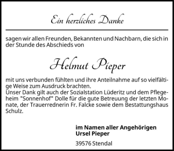 Traueranzeige von Helmut Pieper  von Magdeburger Volksstimme