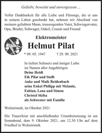 Traueranzeige von Helmut Pilat  von Magdeburger Volksstimme