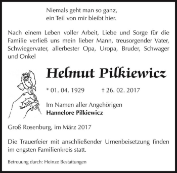 Traueranzeige von Helmut Pilkiewicz  von Magdeburger Volksstimme