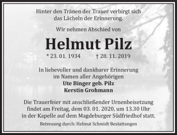 Traueranzeige von Helmut Pilz  von Magdeburger Volksstimme