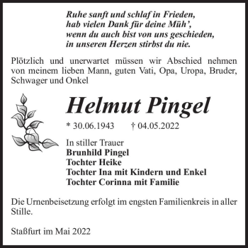 Traueranzeige von Helmut Pingel  von Magdeburger Volksstimme