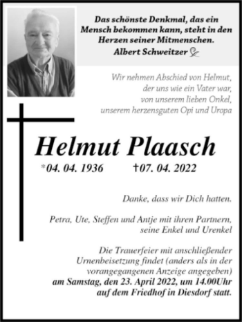 Traueranzeige von Helmut Plaasch  von Magdeburger Volksstimme