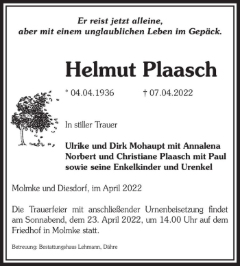 Traueranzeige von Helmut Plaasch  von Magdeburger Volksstimme