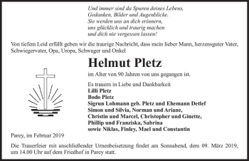 Traueranzeige von Helmut Pletz  von Magdeburger Volksstimme