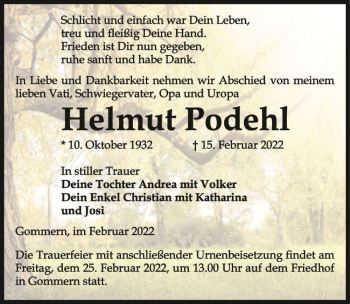 Traueranzeige von Helmut Podehl  von Magdeburger Volksstimme