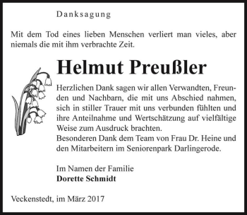 Traueranzeige von Helmut Preußler  von Magdeburger Volksstimme