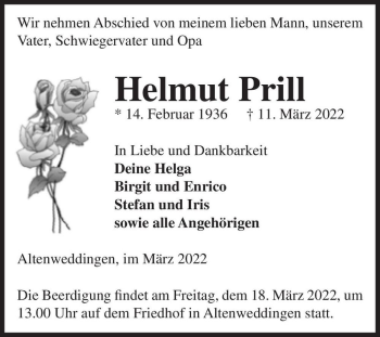 Traueranzeige von Helmut Prill  von Magdeburger Volksstimme