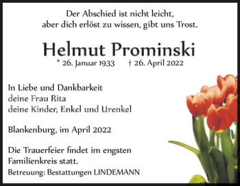 Traueranzeige von Helmut Prominski  von Magdeburger Volksstimme