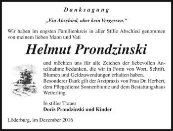 Traueranzeige von Helmut Prondzinski  von Magdeburger Volksstimme