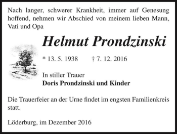 Traueranzeige von Helmut Prondzinski  von Magdeburger Volksstimme