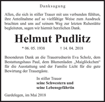 Traueranzeige von Helmut Pudlitz  von Magdeburger Volksstimme