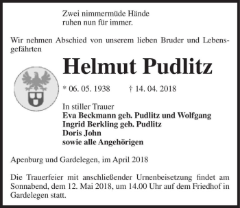 Traueranzeige von Helmut Pudlitz  von Magdeburger Volksstimme