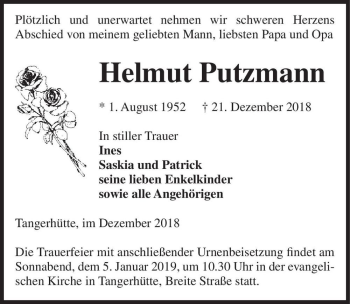 Traueranzeige von Helmut Putzmann  von Magdeburger Volksstimme