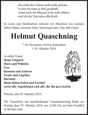 Traueranzeige von Helmut Quaschning  von Magdeburger Volksstimme