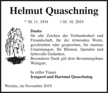 Traueranzeige von Helmut Quaschning  von Magdeburger Volksstimme