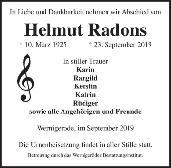 Traueranzeige von Helmut Radons  von Magdeburger Volksstimme