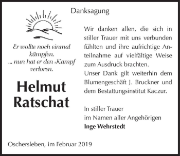 Traueranzeige von Helmut Ratschat  von Magdeburger Volksstimme