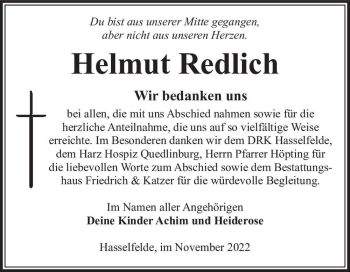 Traueranzeige von Helmut Redlich  von Magdeburger Volksstimme