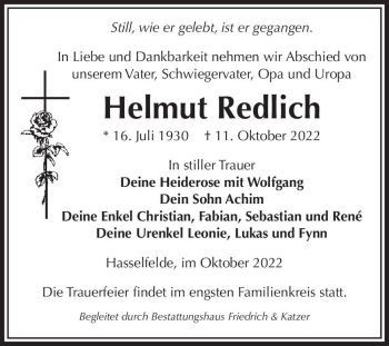 Traueranzeige von Helmut Redlich  von Magdeburger Volksstimme