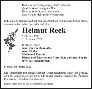Traueranzeige von Helmut Reek  von Magdeburger Volksstimme