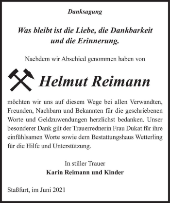 Traueranzeige von Helmut Reimann  von Magdeburger Volksstimme