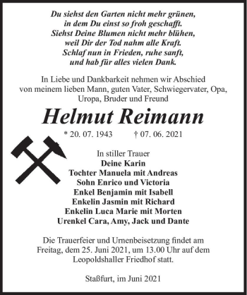 Traueranzeige von Helmut Reimann  von Magdeburger Volksstimme