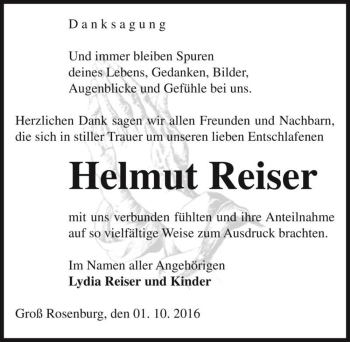 Traueranzeige von Helmut Reiser  von Magdeburger Volksstimme