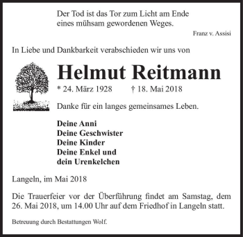 Traueranzeige von Helmut Reitmann  von Magdeburger Volksstimme