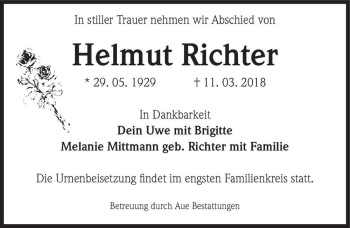 Traueranzeige von Helmut Richter  von Magdeburger Volksstimme