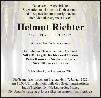 Traueranzeige von Helmut Richter  von Magdeburger Volksstimme