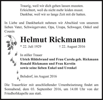 Traueranzeige von Helmut Rickmann  von Magdeburger Volksstimme