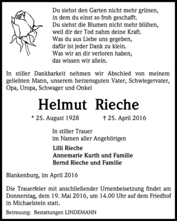 Traueranzeige von Helmut Rieche  von Magdeburger Volksstimme