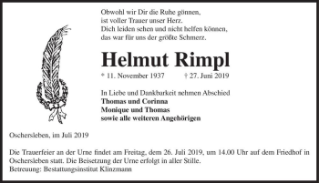 Traueranzeige von Helmut Rimpl  von Magdeburger Volksstimme