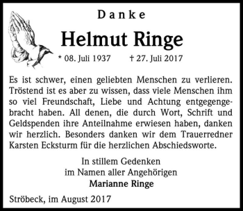 Traueranzeige von Helmut Ringe  von Magdeburger Volksstimme