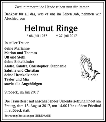 Traueranzeige von Helmut Ringe  von Magdeburger Volksstimme
