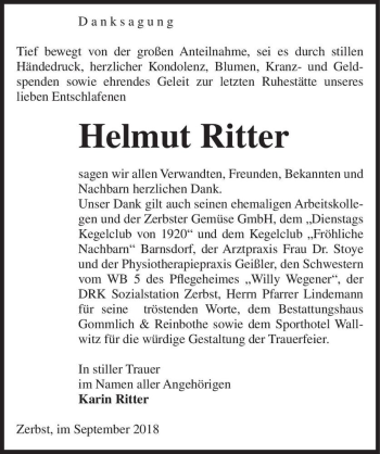 Traueranzeige von Helmut Ritter  von Magdeburger Volksstimme