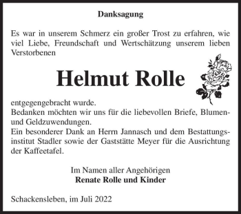Traueranzeige von Helmut Rolle  von Magdeburger Volksstimme