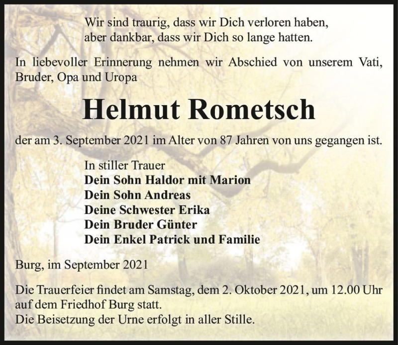  Traueranzeige für Helmut Rometsch  vom 11.09.2021 aus Magdeburger Volksstimme