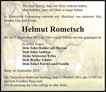 Traueranzeige von Helmut Rometsch  von Magdeburger Volksstimme