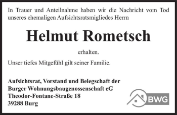 Traueranzeige von Helmut Rometsch  von Magdeburger Volksstimme