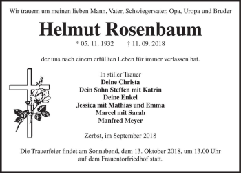 Traueranzeige von Helmut Rosenbaum  von Magdeburger Volksstimme
