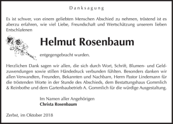 Traueranzeige von Helmut Rosenbaum  von Magdeburger Volksstimme