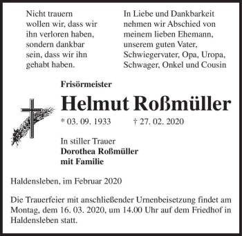 Traueranzeige von Helmut Roßmüller  von Magdeburger Volksstimme