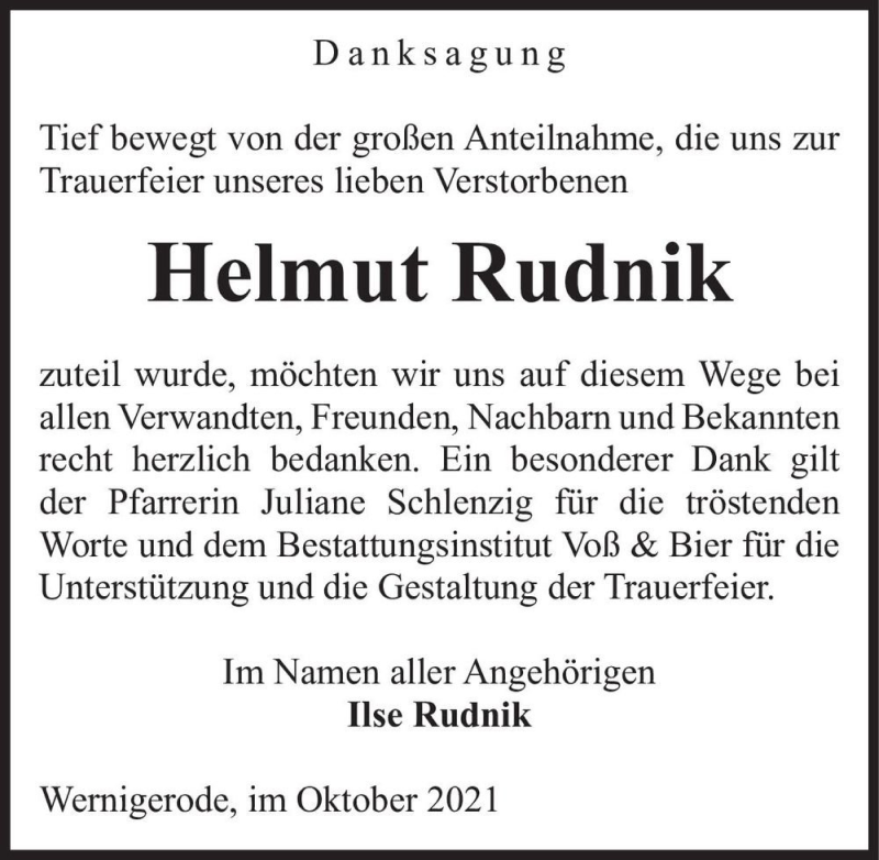  Traueranzeige für Helmut Rudnik  vom 06.11.2021 aus Magdeburger Volksstimme