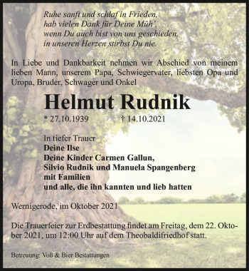 Traueranzeige von Helmut Rudnik  von Magdeburger Volksstimme